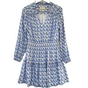 STS Sail To Sable Leaf Print Blue White Long Sleeve Smocked Waist Dress Size S